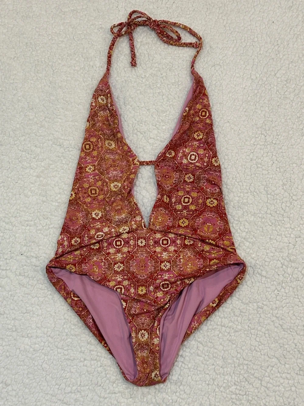 Frankies Bikinis Lily Geo Print One Piece Swimsuit size Large Isla Pink